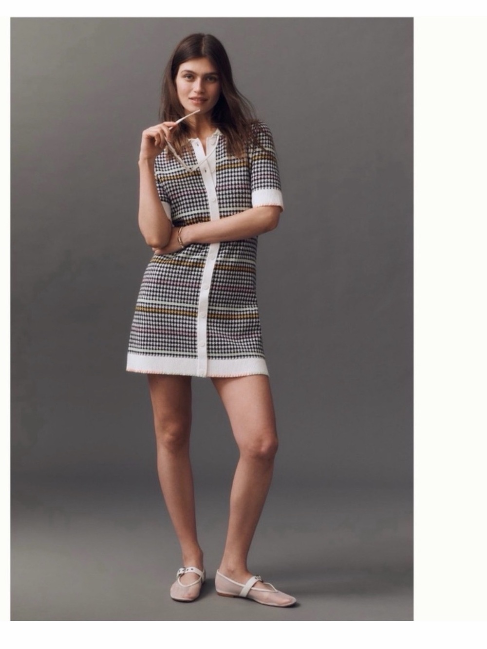 Maeve Anthropologie Checked Knit Short Sleeve Shift Dress in Black and White